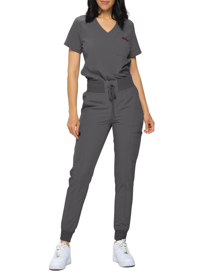 Monarch Uniforms Slim Fit Stretchy Scrubs Women's Jogger Scrub Set Slim Jogger Scrubs with Tuck-In Top for Women (CHARCOAL-2X) - Image 1